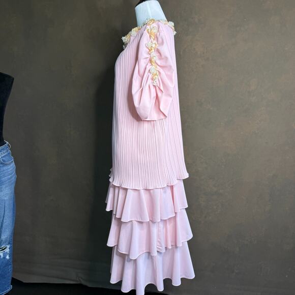 Vintage 80s Sandi Dee Pink Pleated Tiered Ruffle Dress Beaded Trim USA M - Picture 6 of 10